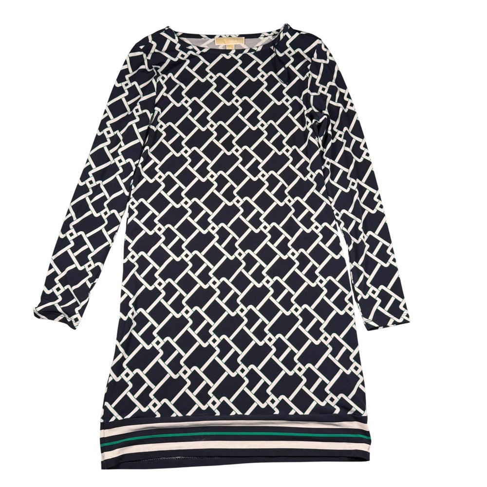 Michael Kors Navy White Geometric Link Print Long Sleeve Sheath Dress Small
